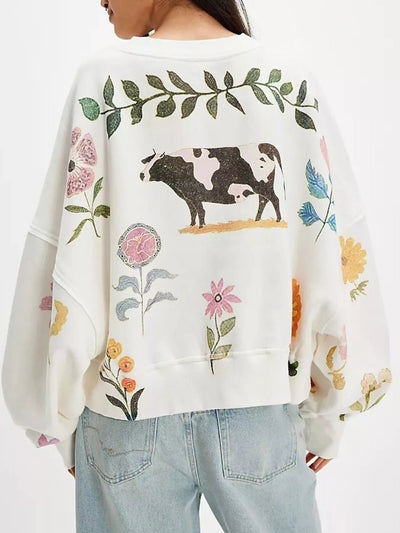 Printed Round Neck Dropped Shoulder Sweatshirt - Your Second Look