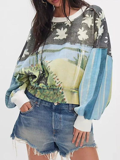 Printed Round Neck Dropped Shoulder Sweatshirt - Your Second Look
