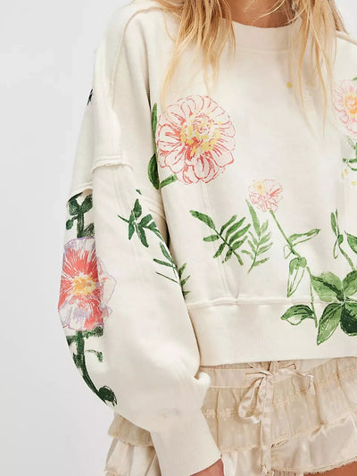 Printed Round Neck Dropped Shoulder Sweatshirt - Your Second Look