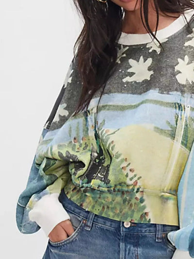 Printed Round Neck Dropped Shoulder Sweatshirt - Your Second Look
