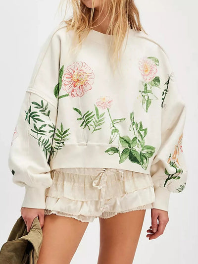 Printed Round Neck Dropped Shoulder Sweatshirt - Your Second Look