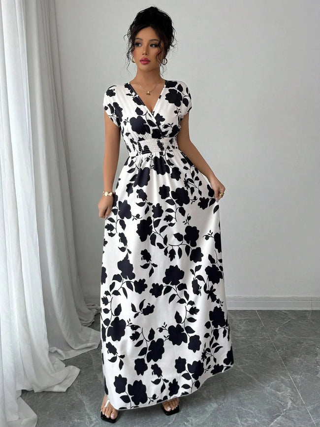 Printed Surplice Cap Sleeve Maxi Dress - Your Second Look