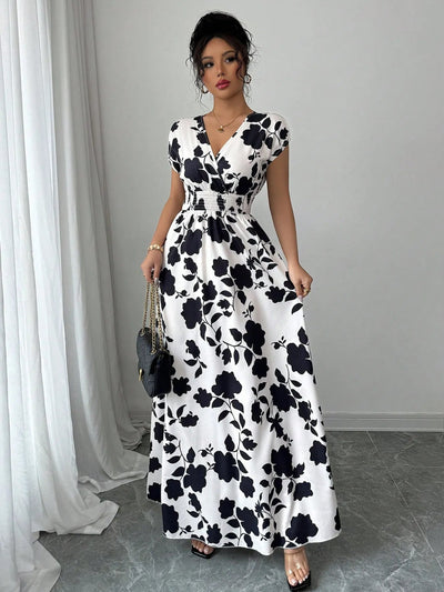 Printed Surplice Cap Sleeve Maxi Dress - Your Second Look