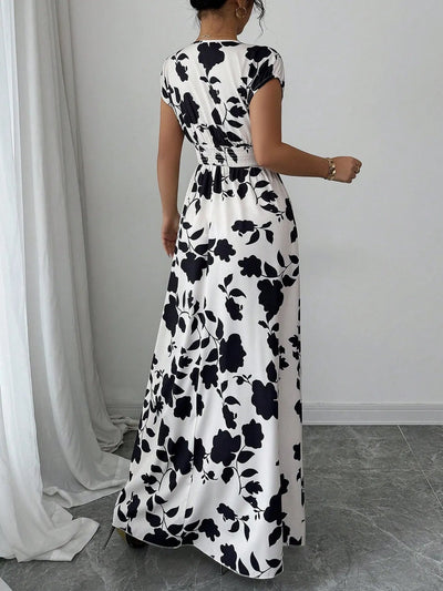 Printed Surplice Cap Sleeve Maxi Dress - Your Second Look