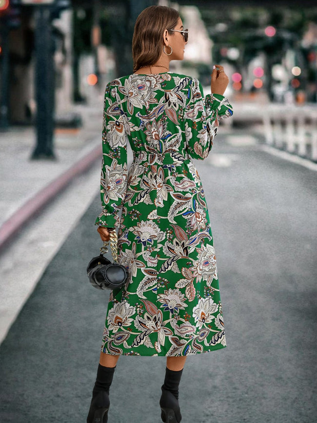 Printed Tie Front Surplice Flounce Sleeve Dress - Your Second Look