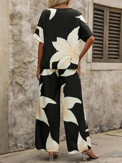 Printed V - Neck Top and Pants Set - Your Second Look