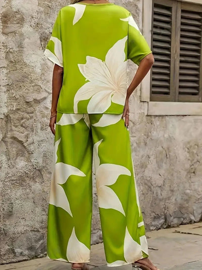 Printed V - Neck Top and Pants Set - Your Second Look