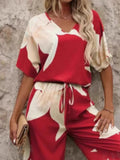 Printed V - Neck Top and Pants Set - Your Second Look