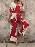 Printed V - Neck Top and Pants Set - Your Second Look