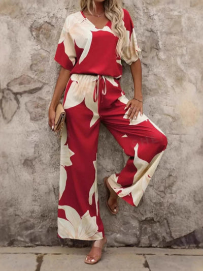Printed V - Neck Top and Pants Set - Your Second Look