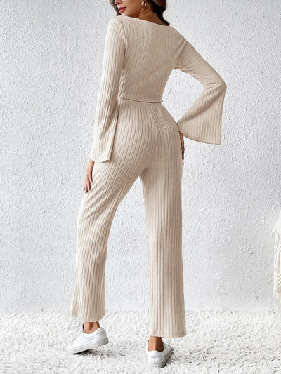 Ribbed Flare Sleeve Top and Pants Set - Your Second Look