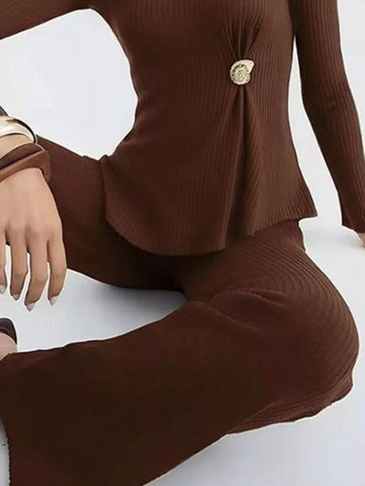Ribbed Knit Round Neck Top and Pants Sweater Set - Your Second Look