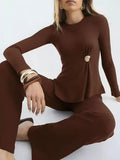Ribbed Knit Round Neck Top and Pants Sweater Set - Your Second Look