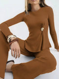 Ribbed Knit Round Neck Top and Pants Sweater Set - Your Second Look