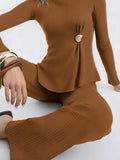 Ribbed Knit Round Neck Top and Pants Sweater Set - Your Second Look