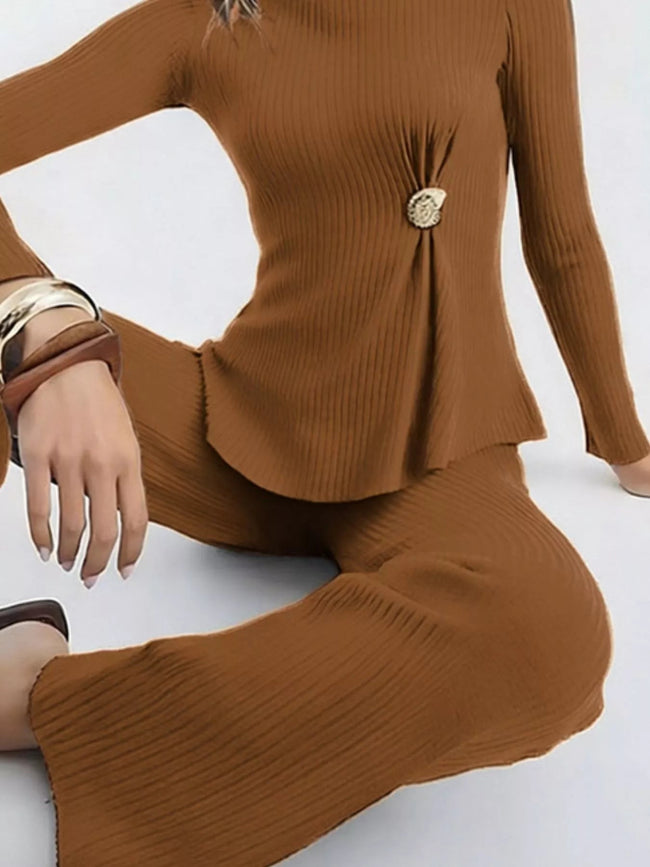 Ribbed Knit Round Neck Top and Pants Sweater Set - Your Second Look