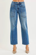 RISEN 4 Way Stretch Mid Rise Barrel Jeans with Patch Pocket Detail - Your Second Look