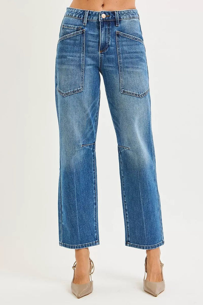 RISEN 4 Way Stretch Mid Rise Barrel Jeans with Patch Pocket Detail - Your Second Look