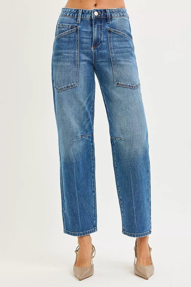 RISEN 4 Way Stretch Mid Rise Barrel Jeans with Patch Pocket Detail - Your Second Look