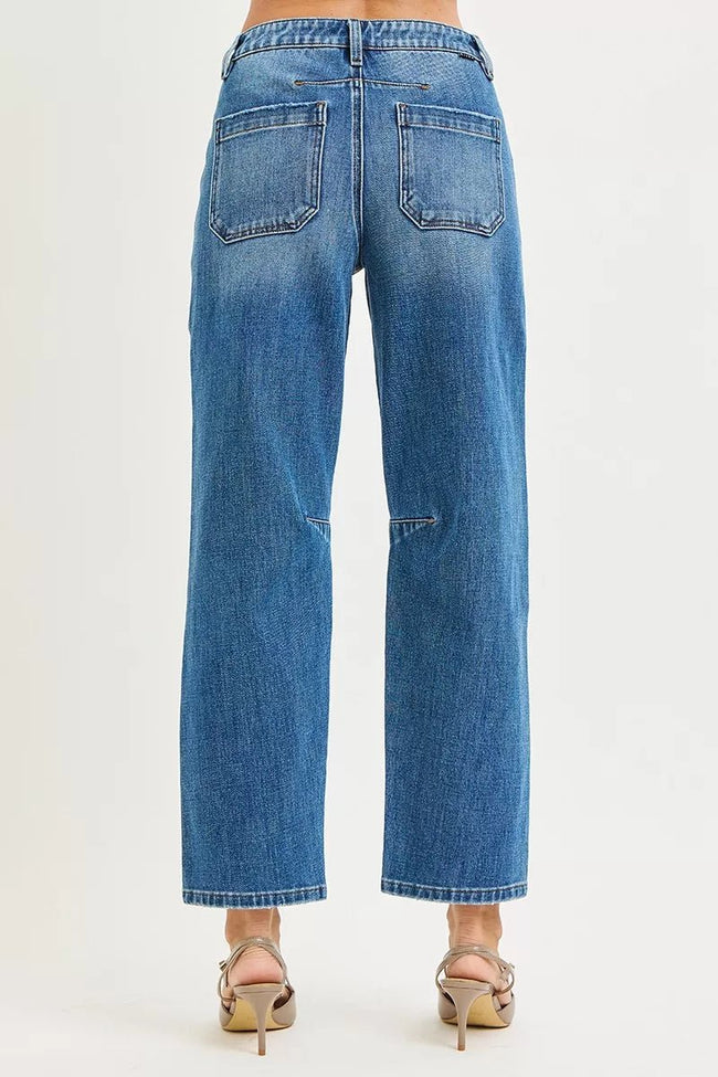 RISEN 4 Way Stretch Mid Rise Barrel Jeans with Patch Pocket Detail - Your Second Look
