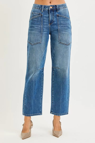 RISEN 4 Way Stretch Mid Rise Barrel Jeans with Patch Pocket Detail - Your Second Look