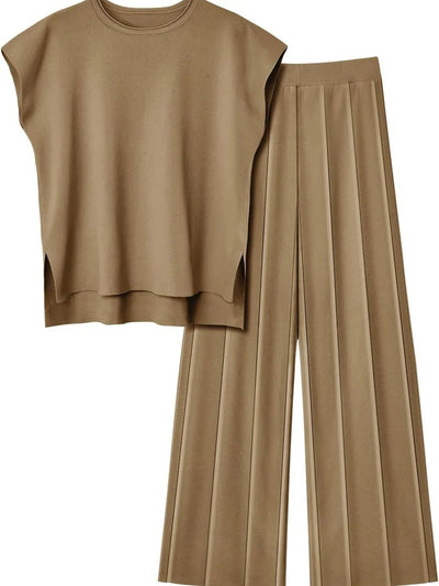 Round Neck Cap Sleeve Top and Pants Knit Set - Your Second Look
