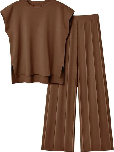 Round Neck Cap Sleeve Top and Pants Knit Set - Your Second Look