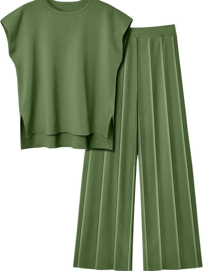 Round Neck Cap Sleeve Top and Pants Knit Set - Your Second Look