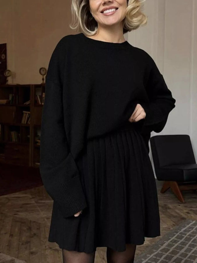 Round Neck Top and Pleated Skirt Sweater Set - Your Second Look