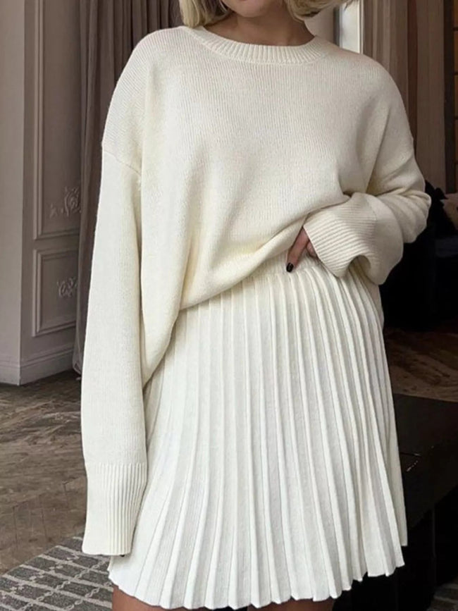 Round Neck Top and Pleated Skirt Sweater Set - Your Second Look