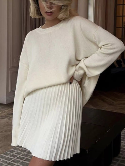 Round Neck Top and Pleated Skirt Sweater Set - Your Second Look