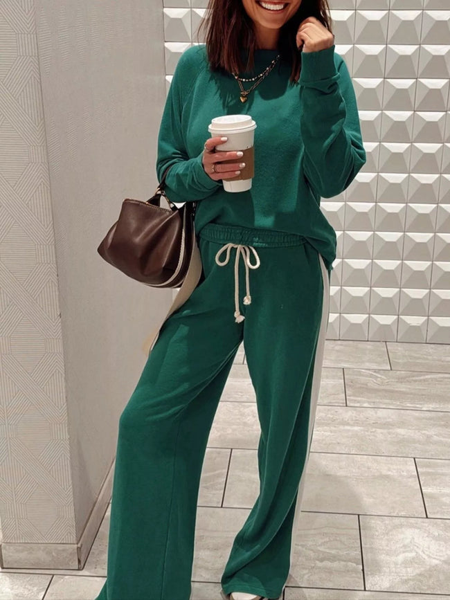 Round Neck Top and Stripe Detail Drawstring Pants Set - Your Second Look