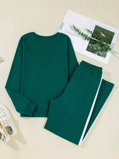 Round Neck Top and Stripe Detail Drawstring Pants Set - Your Second Look