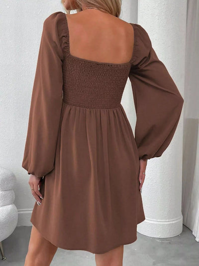 Ruched Square Neck Long Sleeve A - Line Dress - Your Second Look