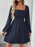Ruched Square Neck Long Sleeve A - Line Dress - Your Second Look