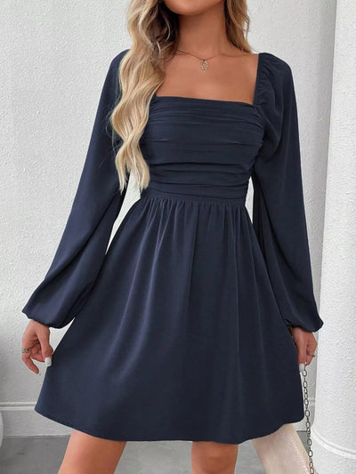 Ruched Square Neck Long Sleeve A - Line Dress - Your Second Look