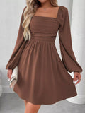 Ruched Square Neck Long Sleeve A - Line Dress - Your Second Look