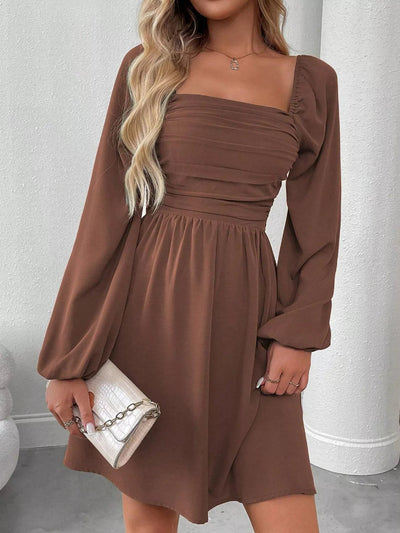 Ruched Square Neck Long Sleeve A - Line Dress - Your Second Look