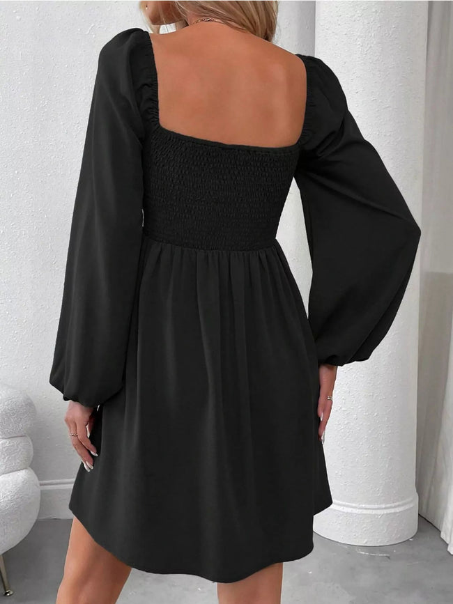 Ruched Square Neck Long Sleeve A - Line Dress - Your Second Look