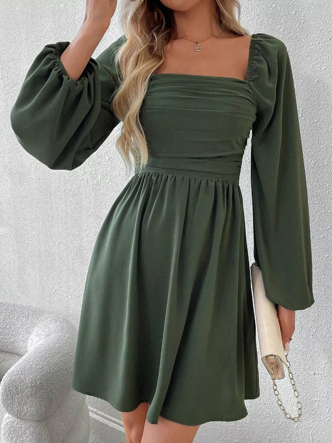 Ruched Square Neck Long Sleeve A - Line Dress - Your Second Look