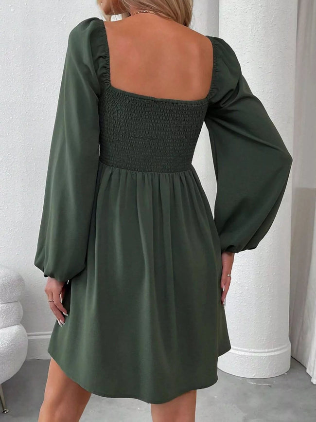 Ruched Square Neck Long Sleeve A - Line Dress - Your Second Look