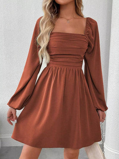 Ruched Square Neck Long Sleeve A - Line Dress - Your Second Look