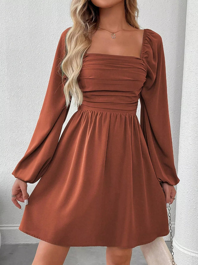 Ruched Square Neck Long Sleeve A - Line Dress - Your Second Look