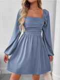 Ruched Square Neck Long Sleeve A - Line Dress - Your Second Look