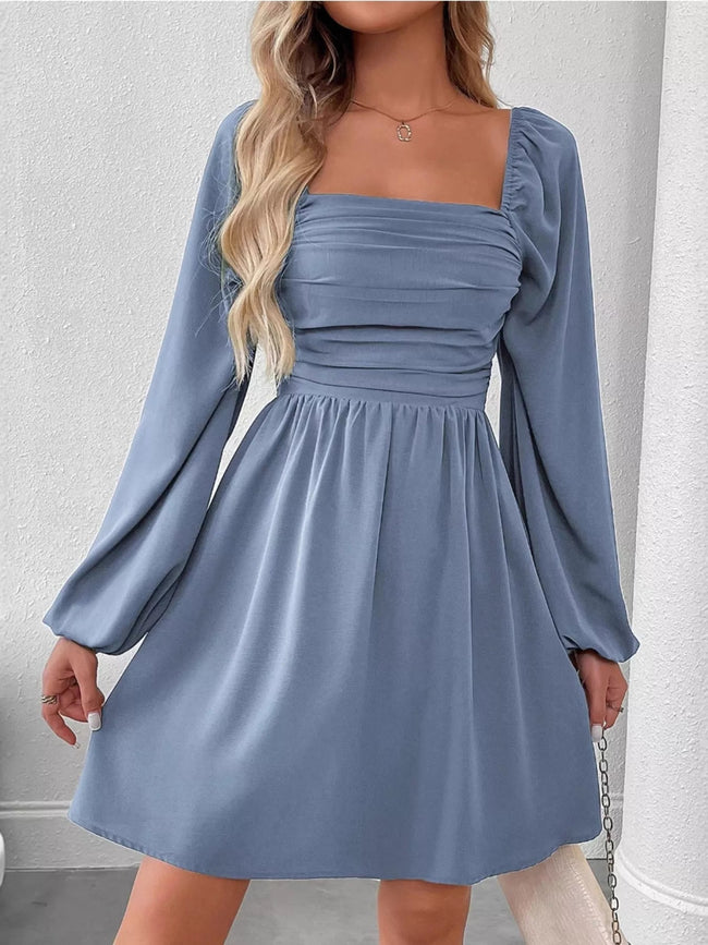 Ruched Square Neck Long Sleeve A - Line Dress - Your Second Look