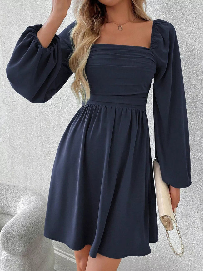 Ruched Square Neck Long Sleeve A - Line Dress - Your Second Look