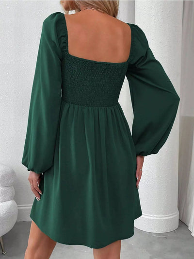 Ruched Square Neck Long Sleeve A - Line Dress - Your Second Look