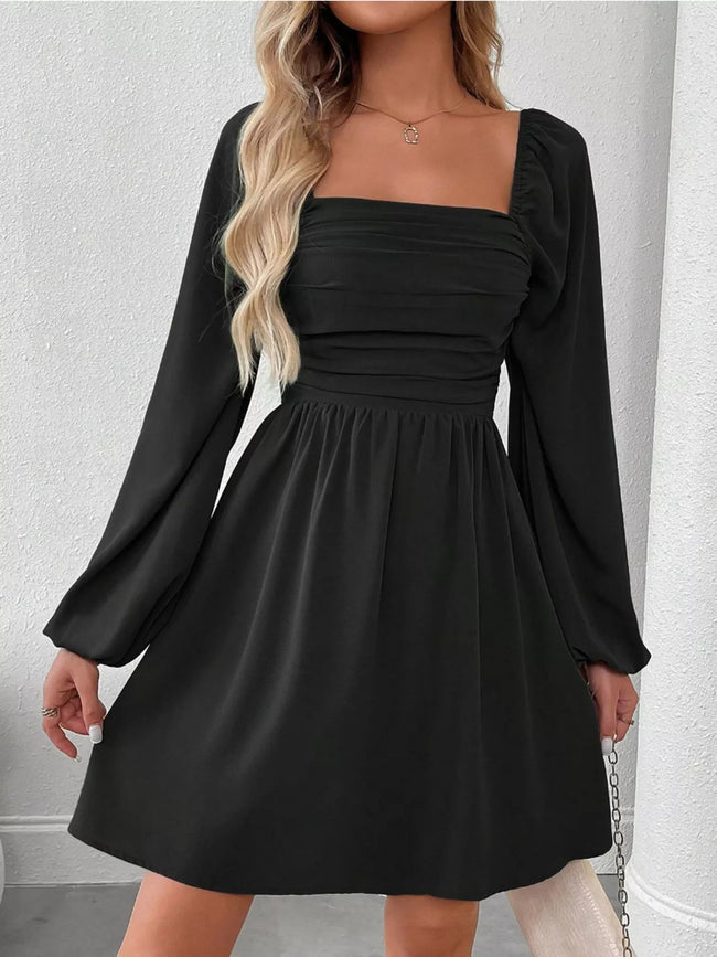 Ruched Square Neck Long Sleeve A - Line Dress - Your Second Look