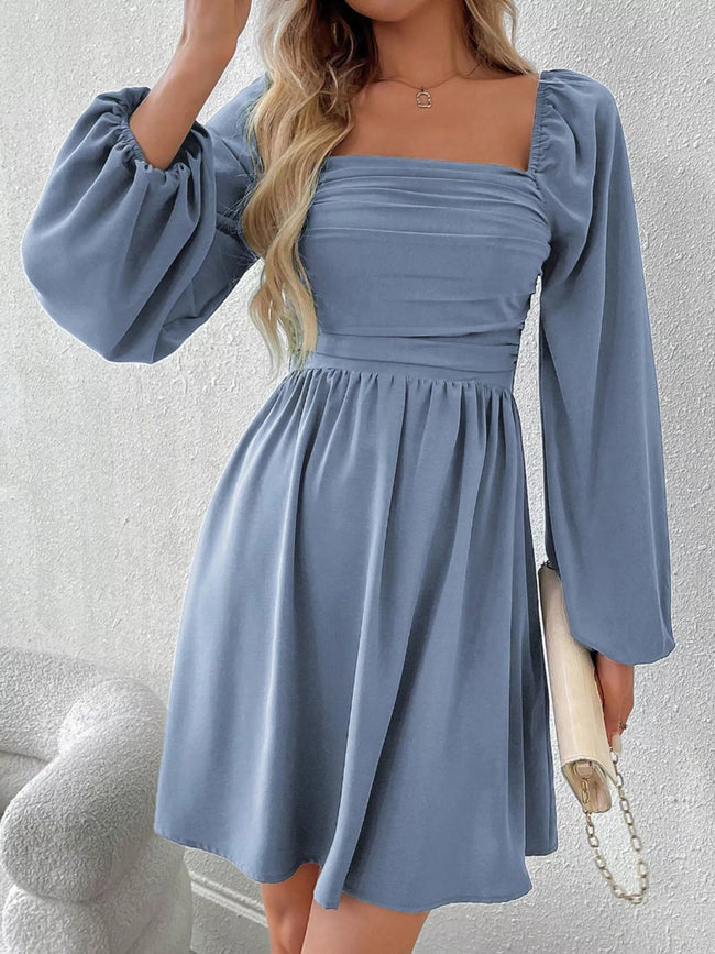 Ruched Square Neck Long Sleeve A - Line Dress - Your Second Look