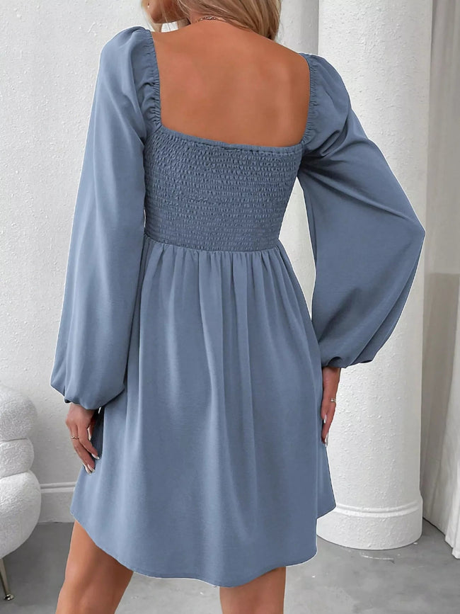 Ruched Square Neck Long Sleeve A - Line Dress - Your Second Look